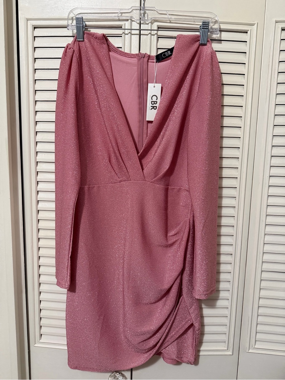 CBR Shimmering Rose Pink Long-Sleeve V-Neck Draped Dress